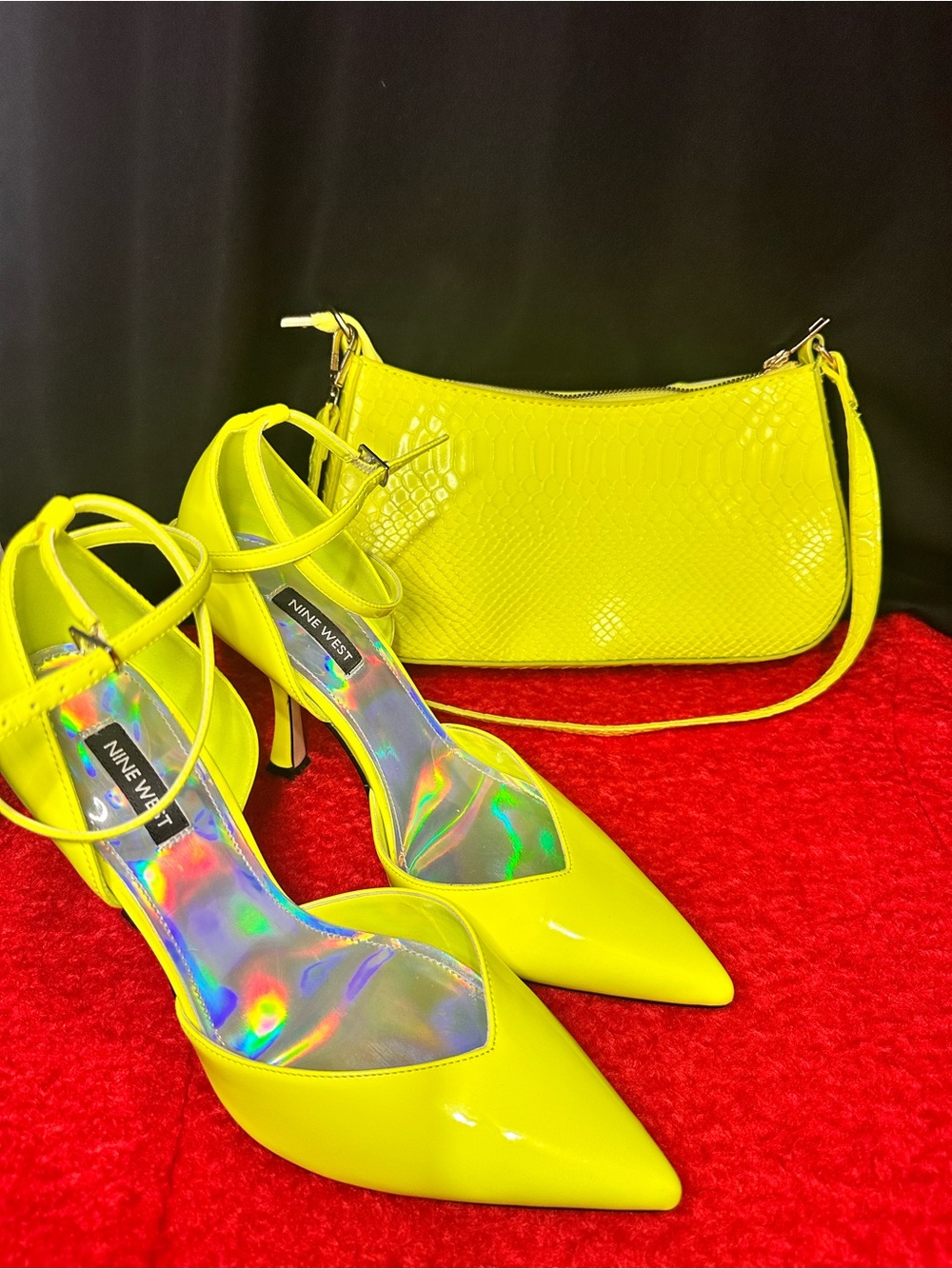 Nine West Neon Yellow Pointed-Toe Ankle-Strap Heels with Matching Shoulder Bag